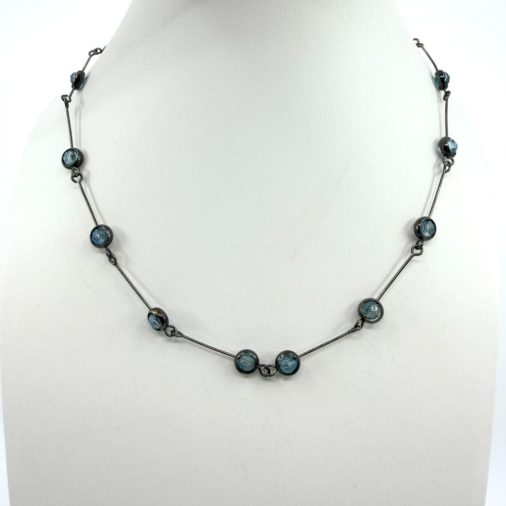VTG Gunmetal Blue Crystal Glass Necklace Dainty Minimalist Station Link